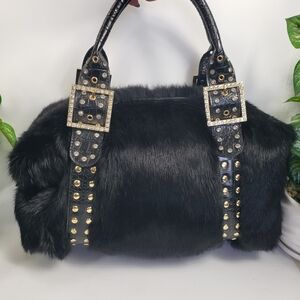 Mitchie's Matchings Black Rabbit Fur with Croc details & Jeweled Buckles 14x11